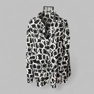 Laura Ashley XL 100% Linen Button Down Shirt Black White Circle Print